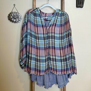 Free People Plaid Mix Super Soft Button Down Top